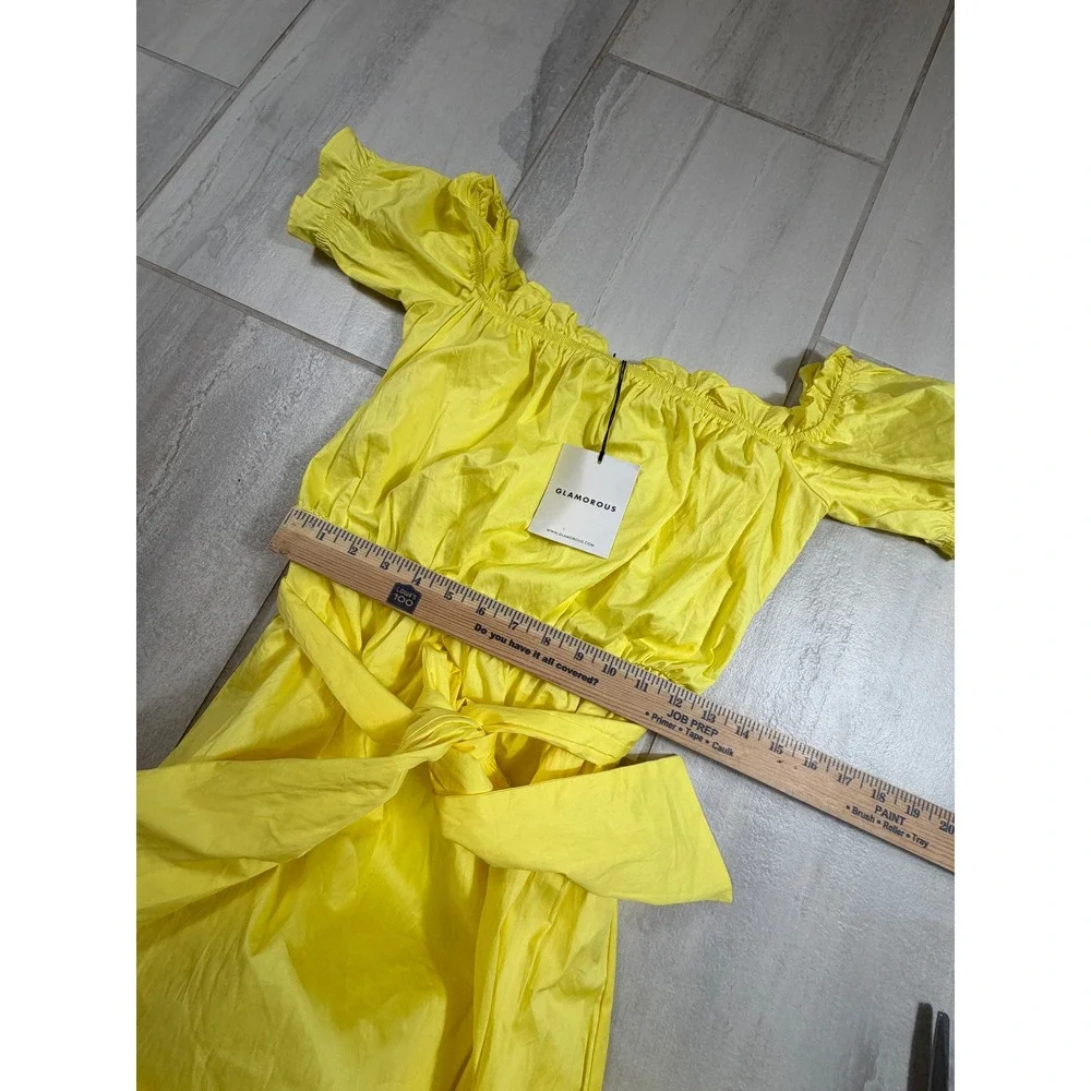 Glamorous Yellow Off Shoulder Cotton Midi Dress with Tie Belt Size 8 NWT